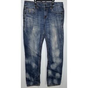 Rock Revival Jeans "Rand” Tapered Blue Denim Acid Wash Mens 36 X 33 Studded